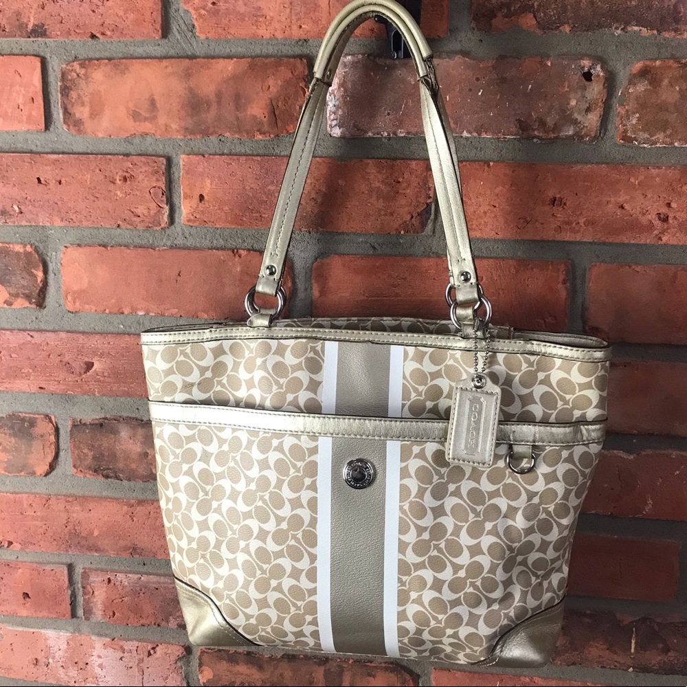 Coach Chelsea Heritage Canvas Leather Signature Tote Shoulder Bag Neutral Monogr